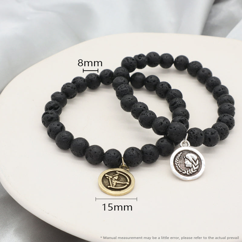 Customized Wholesale Manufacture OEM Handmade 8mm Natural Stone Beads Gold Plated Sagittarius Charm Black Lava Stone Bracelet
