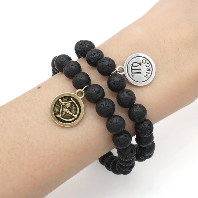 Customized Wholesale Manufacture OEM Handmade 8mm Natural Stone Beads Gold Plated Sagittarius Charm Black Lava Stone Bracelet