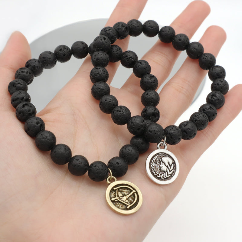 Customized Wholesale Manufacture OEM Handmade 8mm Natural Stone Beads Gold Plated Sagittarius Charm Black Lava Stone Bracelet