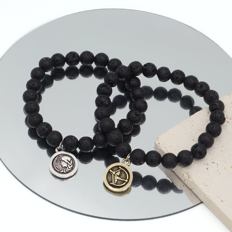 Customized Wholesale Manufacture OEM Handmade 8mm Natural Stone Beads Gold Plated Sagittarius Charm Black Lava Stone Bracelet
