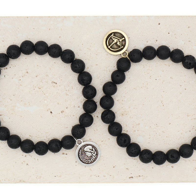 Customized Wholesale Manufacture OEM Handmade 8mm Natural Stone Beads Gold Plated Sagittarius Charm Black Lava Stone Bracelet