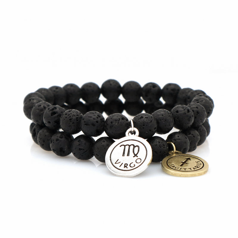 Customized Wholesale Manufacture OEM Handmade 8mm Natural Stone Beads Gold Plated Sagittarius Charm Black Lava Stone Bracelet