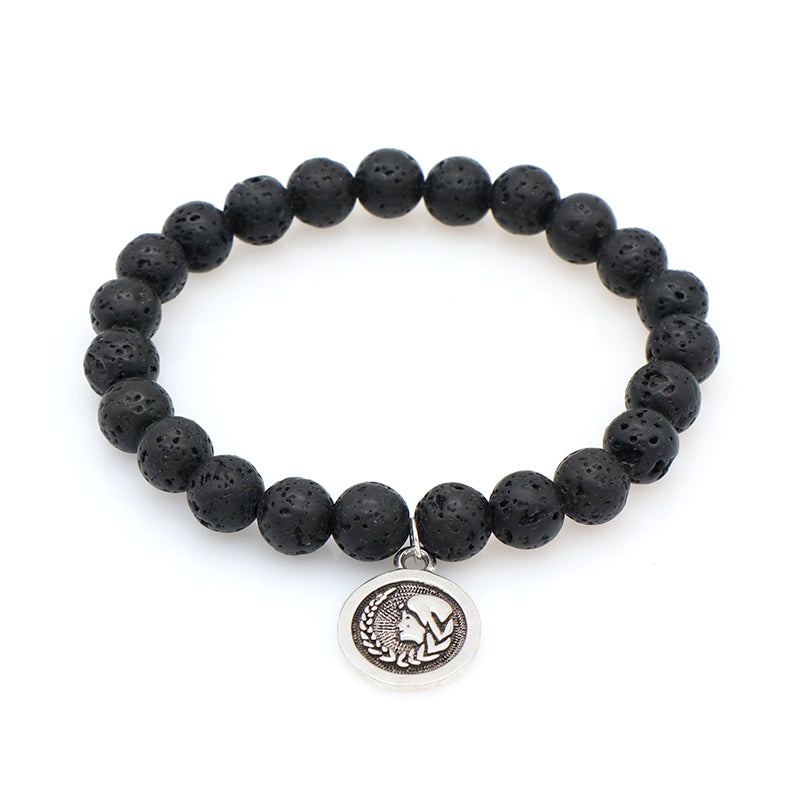 Customized Wholesale Manufacture OEM Handmade 8mm Natural Stone Beads Gold Plated Sagittarius Charm Black Lava Stone Bracelet