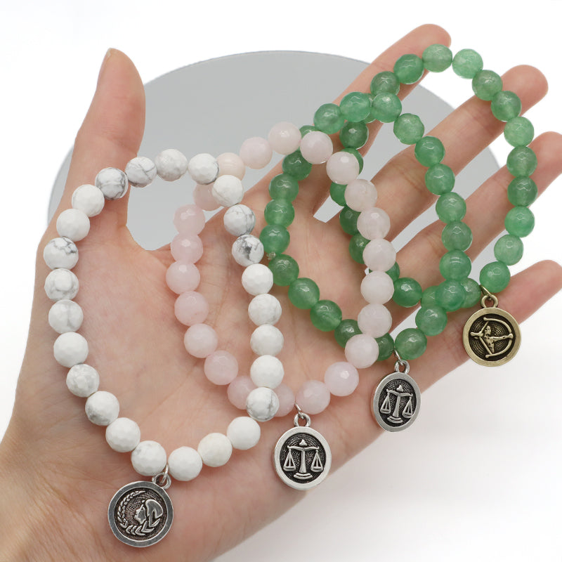 Handmade Custom Wholesale 8mm Natural Stone Gold Plated Sagittarius Charm Faceted White Howlite Pink Quartz Aventurine Bracelet