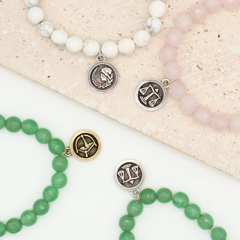 Handmade Custom Wholesale 8mm Natural Stone Gold Plated Sagittarius Charm Faceted White Howlite Pink Quartz Aventurine Bracelet