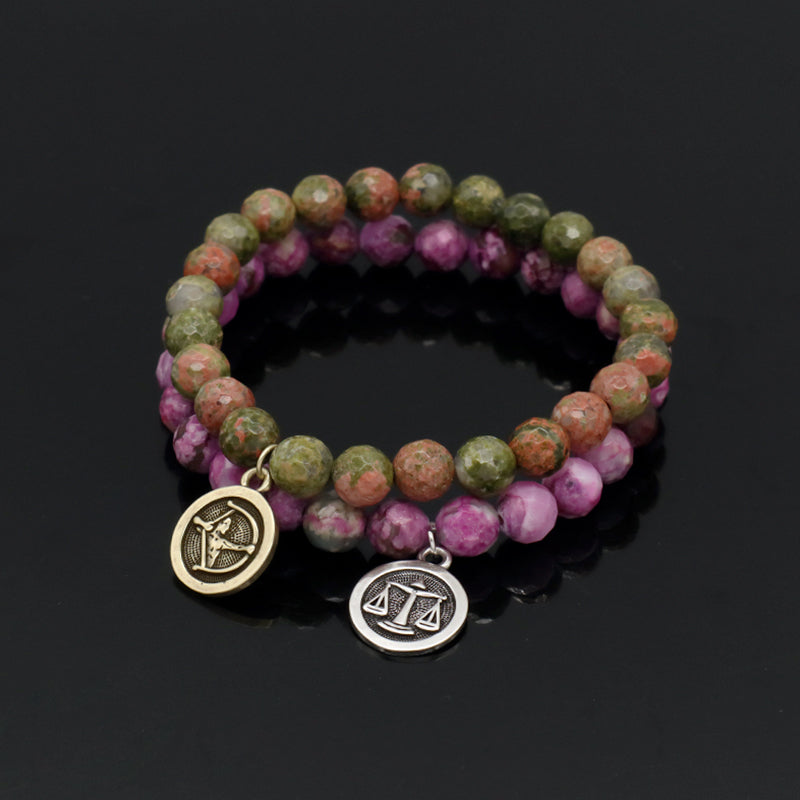 Gold Plated Sagittarius Libra Charm Custom Wholesale OEM Handmade 8mm Faceted Purple Stone Unakite Natural Stone Beads Bracelet