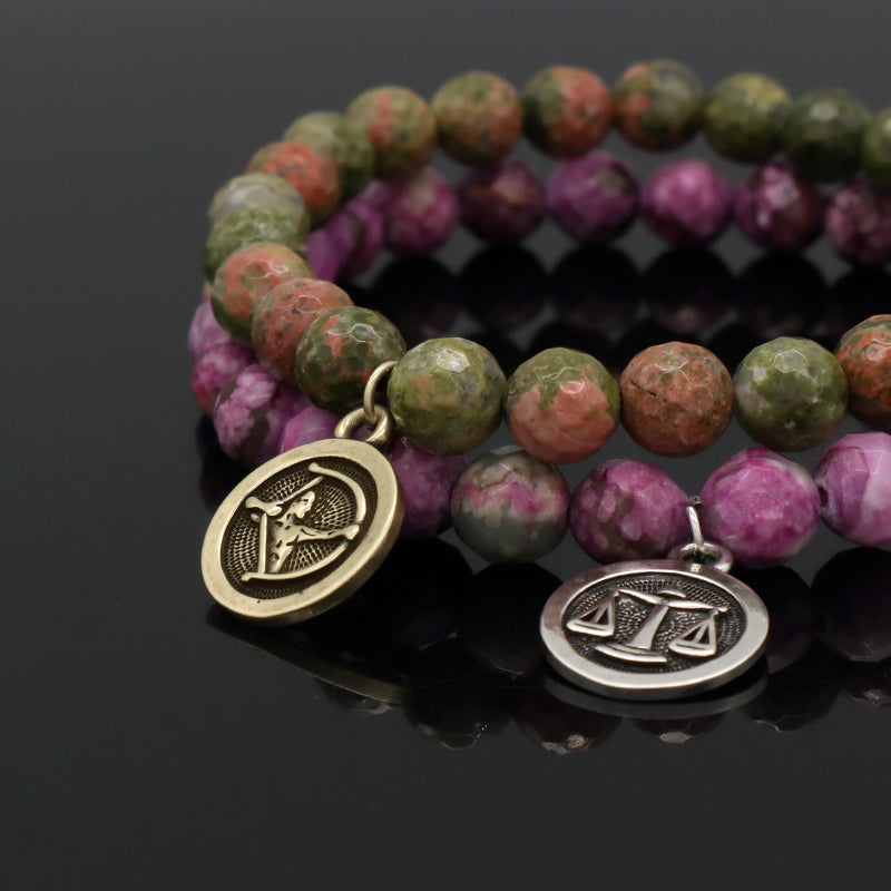 Gold Plated Sagittarius Libra Charm Custom Wholesale OEM Handmade 8mm Faceted Purple Stone Unakite Natural Stone Beads Bracelet
