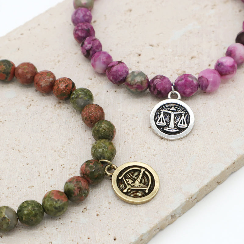 Gold Plated Sagittarius Libra Charm Custom Wholesale OEM Handmade 8mm Faceted Purple Stone Unakite Natural Stone Beads Bracelet
