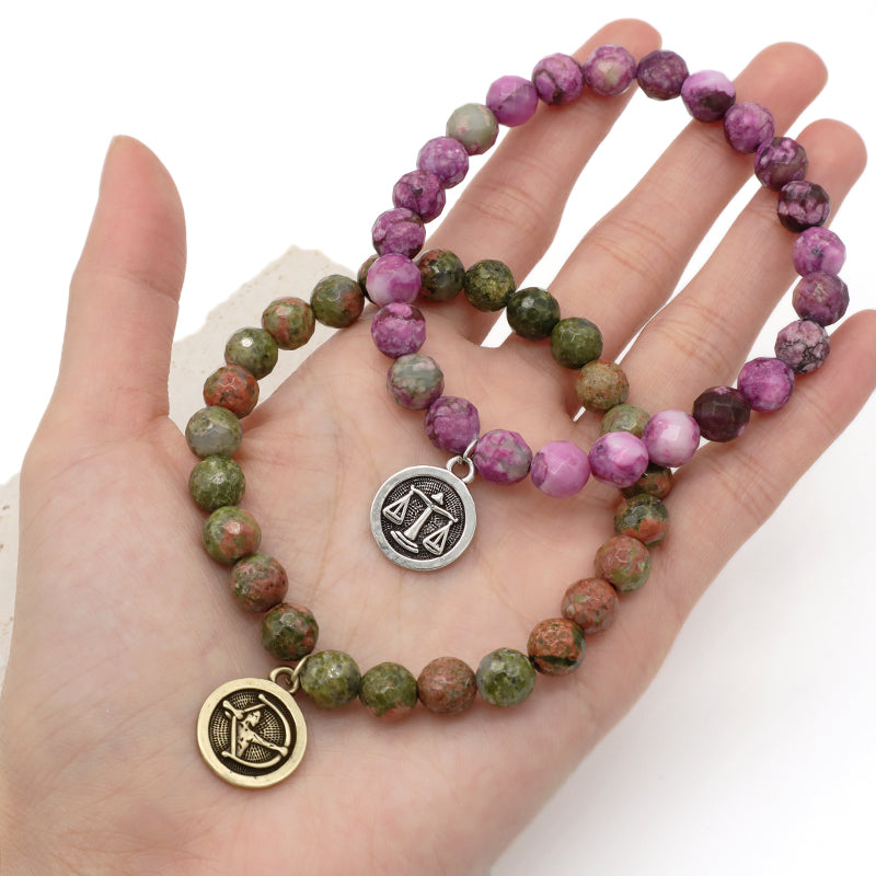 Gold Plated Sagittarius Libra Charm Custom Wholesale OEM Handmade 8mm Faceted Purple Stone Unakite Natural Stone Beads Bracelet