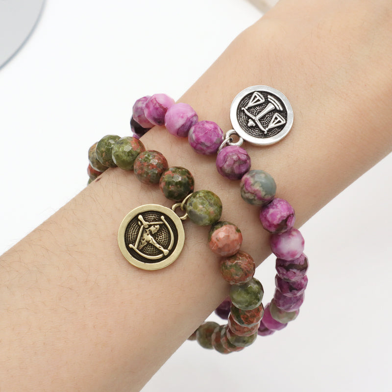 Gold Plated Sagittarius Libra Charm Custom Wholesale OEM Handmade 8mm Faceted Purple Stone Unakite Natural Stone Beads Bracelet