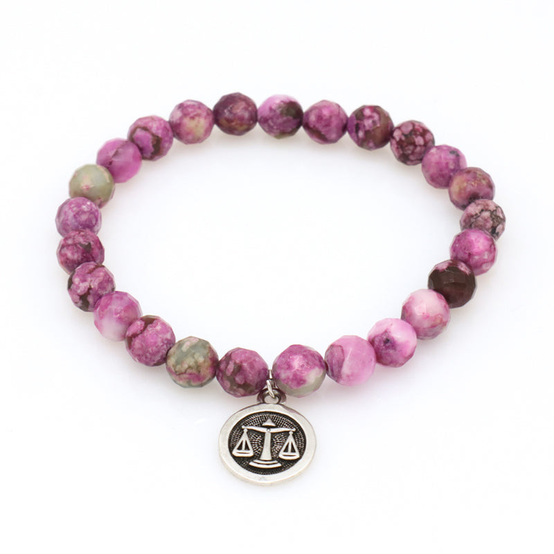 Gold Plated Sagittarius Libra Charm Custom Wholesale OEM Handmade 8mm Faceted Purple Stone Unakite Natural Stone Beads Bracelet