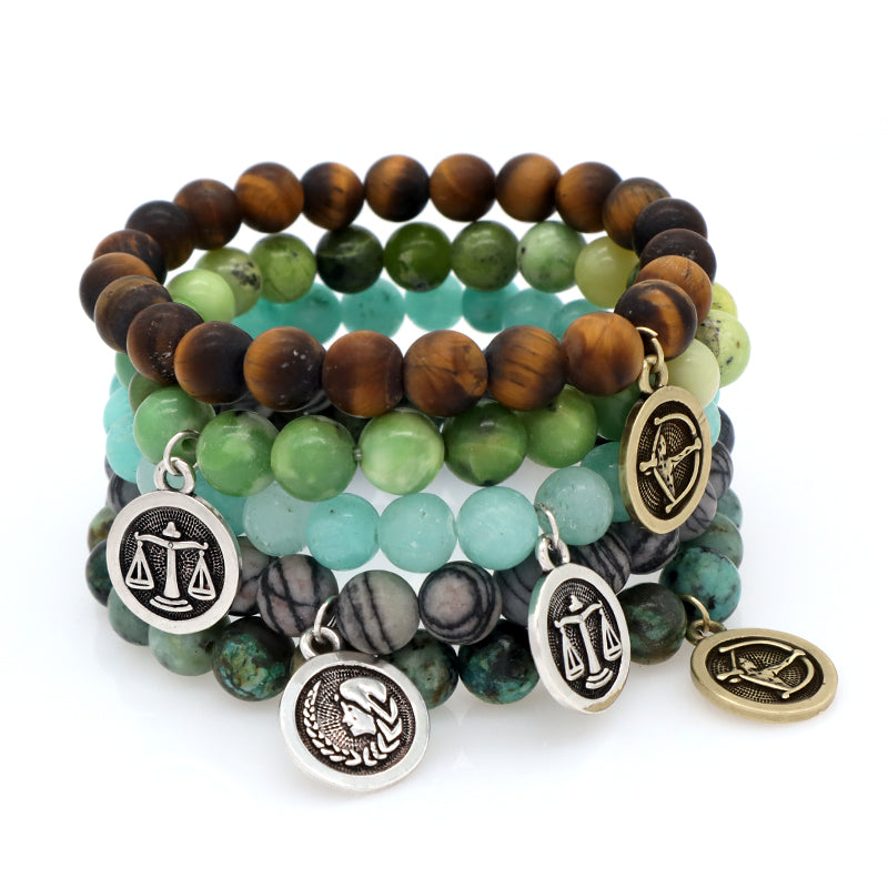 8mm Natural Stone Customized Handmade Gold Plated Sagittarius Libra Charm Australia Jade Amazonite Turquoise Tiger Eye Bracelet