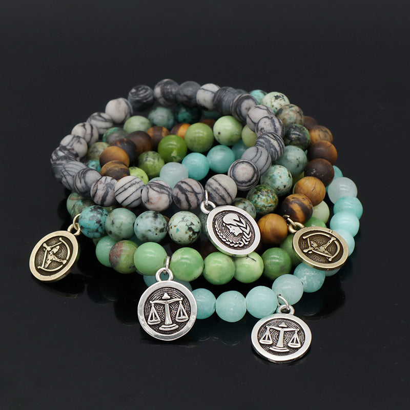 8mm Natural Stone Customized Handmade Gold Plated Sagittarius Libra Charm Australia Jade Amazonite Turquoise Tiger Eye Bracelet