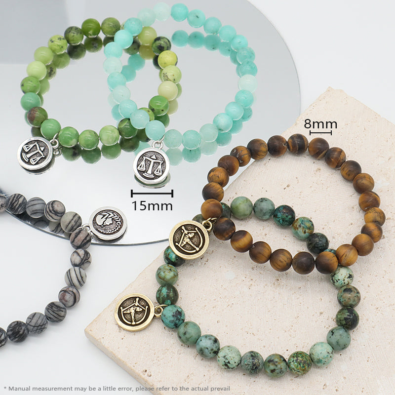 8mm Natural Stone Customized Handmade Gold Plated Sagittarius Libra Charm Australia Jade Amazonite Turquoise Tiger Eye Bracelet