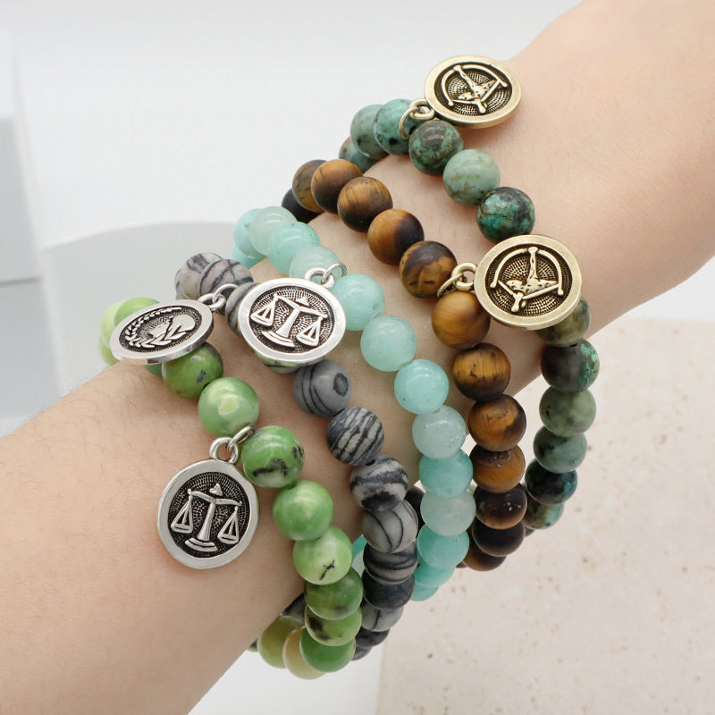 8mm Natural Stone Customized Handmade Gold Plated Sagittarius Libra Charm Australia Jade Amazonite Turquoise Tiger Eye Bracelet