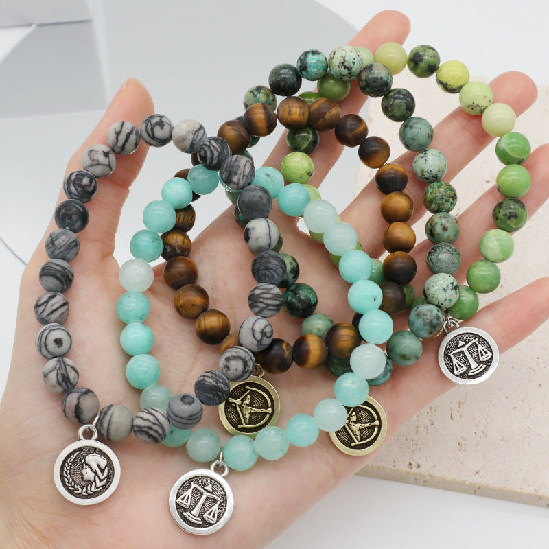 8mm Natural Stone Customized Handmade Gold Plated Sagittarius Libra Charm Australia Jade Amazonite Turquoise Tiger Eye Bracelet