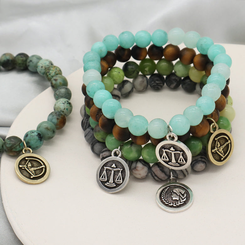 8mm Natural Stone Customized Handmade Gold Plated Sagittarius Libra Charm Australia Jade Amazonite Turquoise Tiger Eye Bracelet