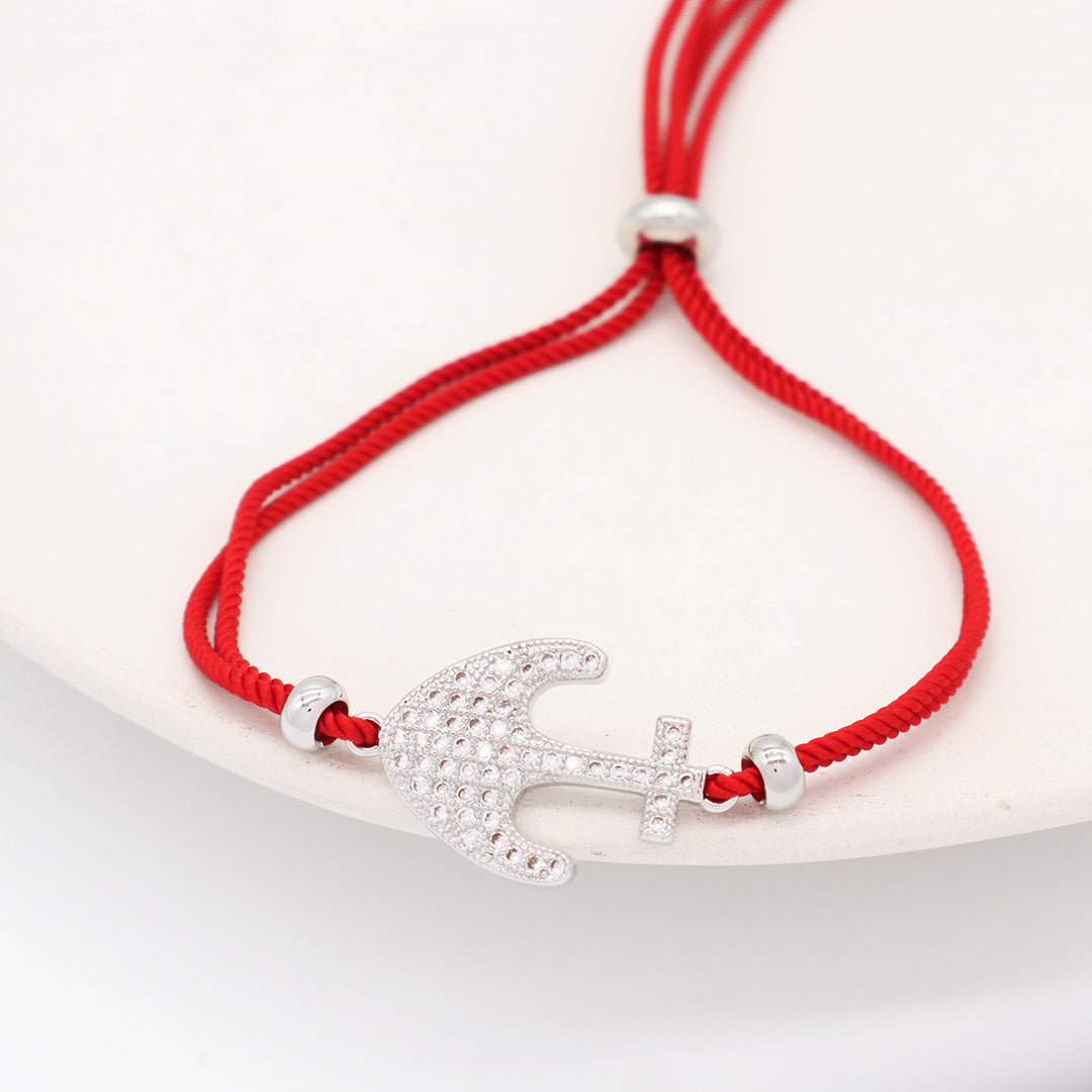 Wholesale OEM Manufacture Factory Customized ajustable Red Rope handmade Rhodium Plated anchor charm Bracelet For women girl