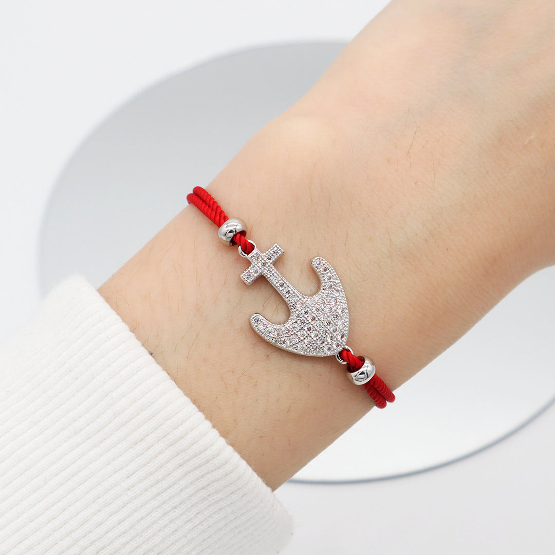 Wholesale OEM Manufacture Factory Customized ajustable Red Rope handmade Rhodium Plated anchor charm Bracelet For women girl