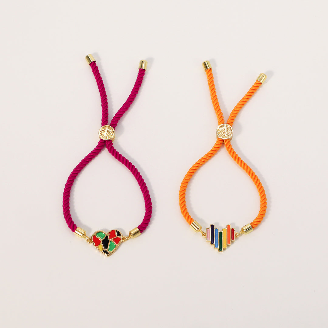 Wholesale Fashion Women China Factory Custom Manufacture Ajustable Rope Gold Plated Rainbow Color Enamel Heart Charm bracelet