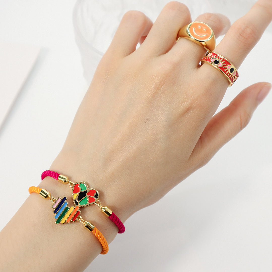 Wholesale Fashion Women China Factory Custom Manufacture Ajustable Rope Gold Plated Rainbow Color Enamel Heart Charm bracelet