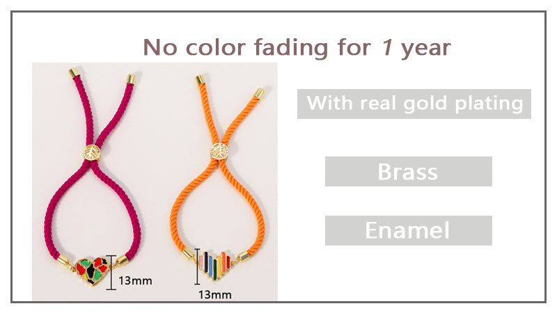 Wholesale Fashion Women China Factory Custom Manufacture Ajustable Rope Gold Plated Rainbow Color Enamel Heart Charm bracelet