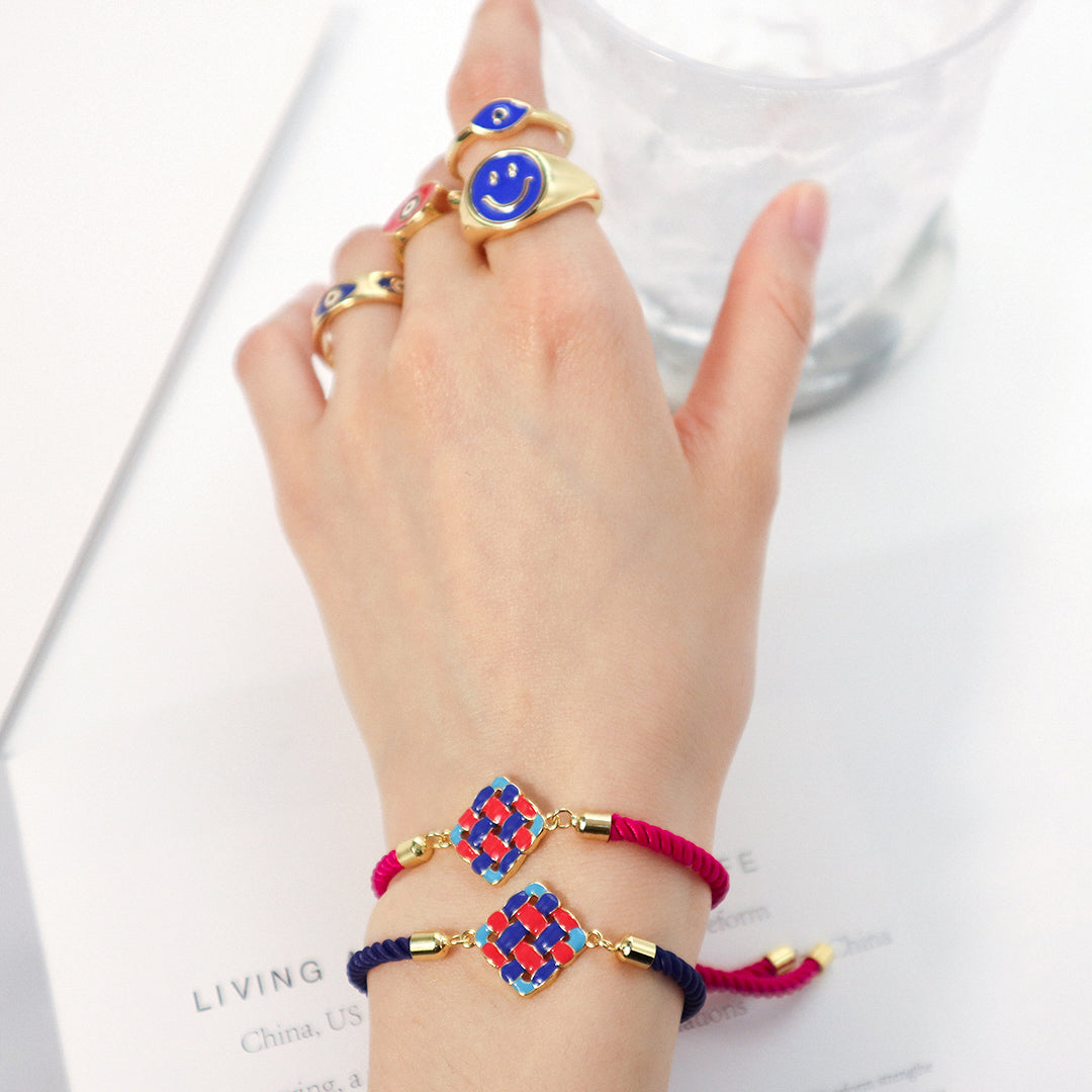Ajustable Rope Fashion Women Customized Wholesale China Factory Gold Plated Red Blue Holloweed Out Square enamel Charm bracelet