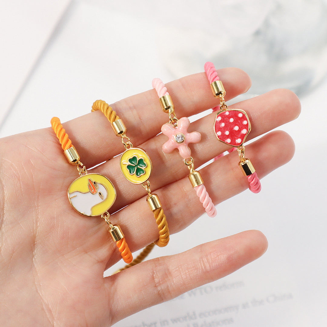 Summer Girl Wholesale Factory Custom Ajustable Gold Plated Enamel Strawberry Flower Duck Four-leaf Clover Lucky Charm bracelet