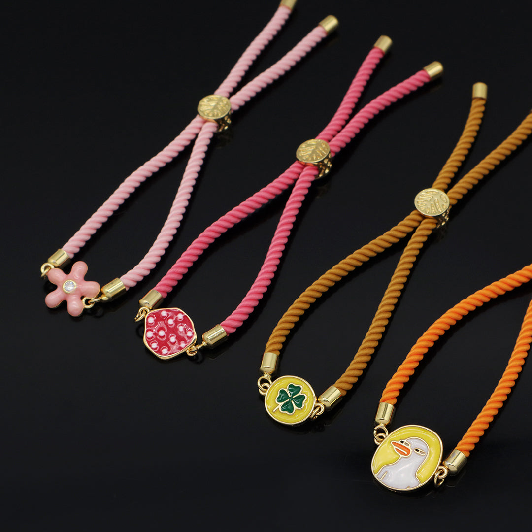 Summer Girl Wholesale Factory Custom Ajustable Gold Plated Enamel Strawberry Flower Duck Four-leaf Clover Lucky Charm bracelet