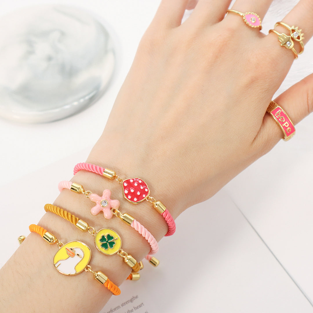 Summer Girl Wholesale Factory Custom Ajustable Gold Plated Enamel Strawberry Flower Duck Four-leaf Clover Lucky Charm bracelet