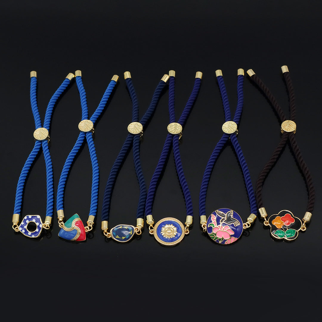 Factory Wholesale Various Women Custom Manufacture Blue Ajustable Rope Gold Plated Flower Bird White Dot Enamel Charm bracelet