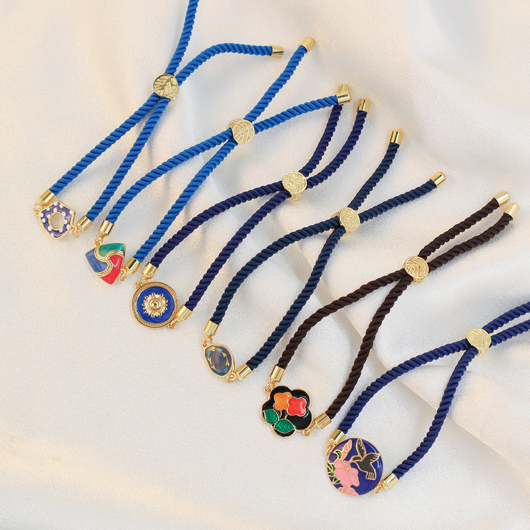 Factory Wholesale Various Women Custom Manufacture Blue Ajustable Rope Gold Plated Flower Bird White Dot Enamel Charm bracelet