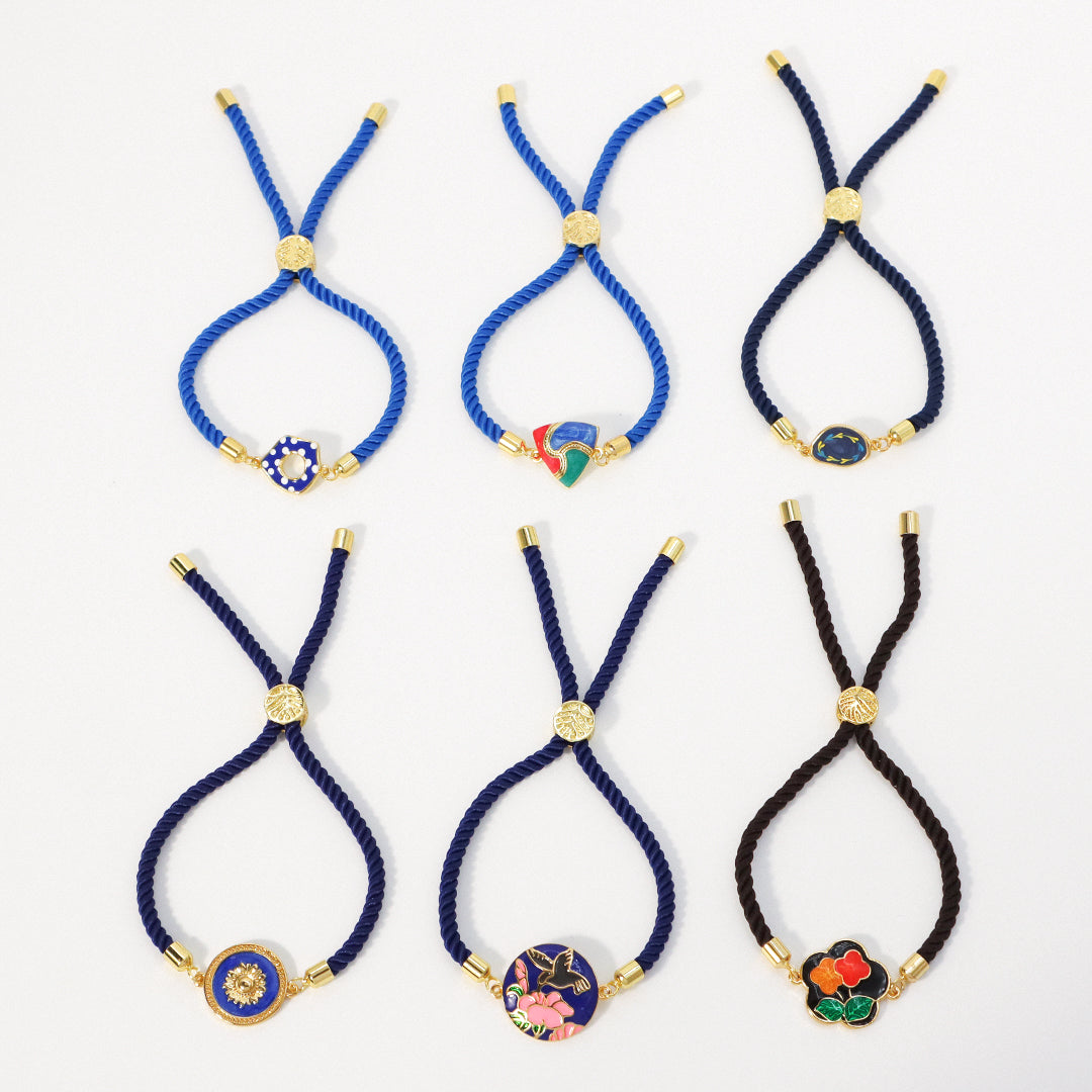 Factory Wholesale Various Women Custom Manufacture Blue Ajustable Rope Gold Plated Flower Bird White Dot Enamel Charm bracelet