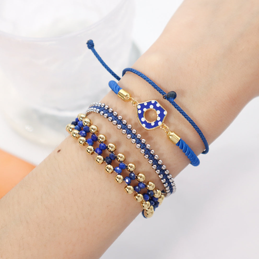 Factory Wholesale Various Women Custom Manufacture Blue Ajustable Rope Gold Plated Flower Bird White Dot Enamel Charm bracelet