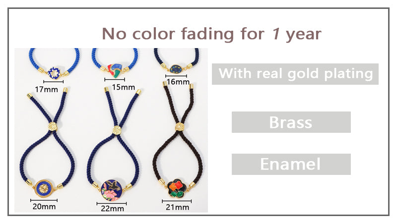 Factory Wholesale Various Women Custom Manufacture Blue Ajustable Rope Gold Plated Flower Bird White Dot Enamel Charm bracelet