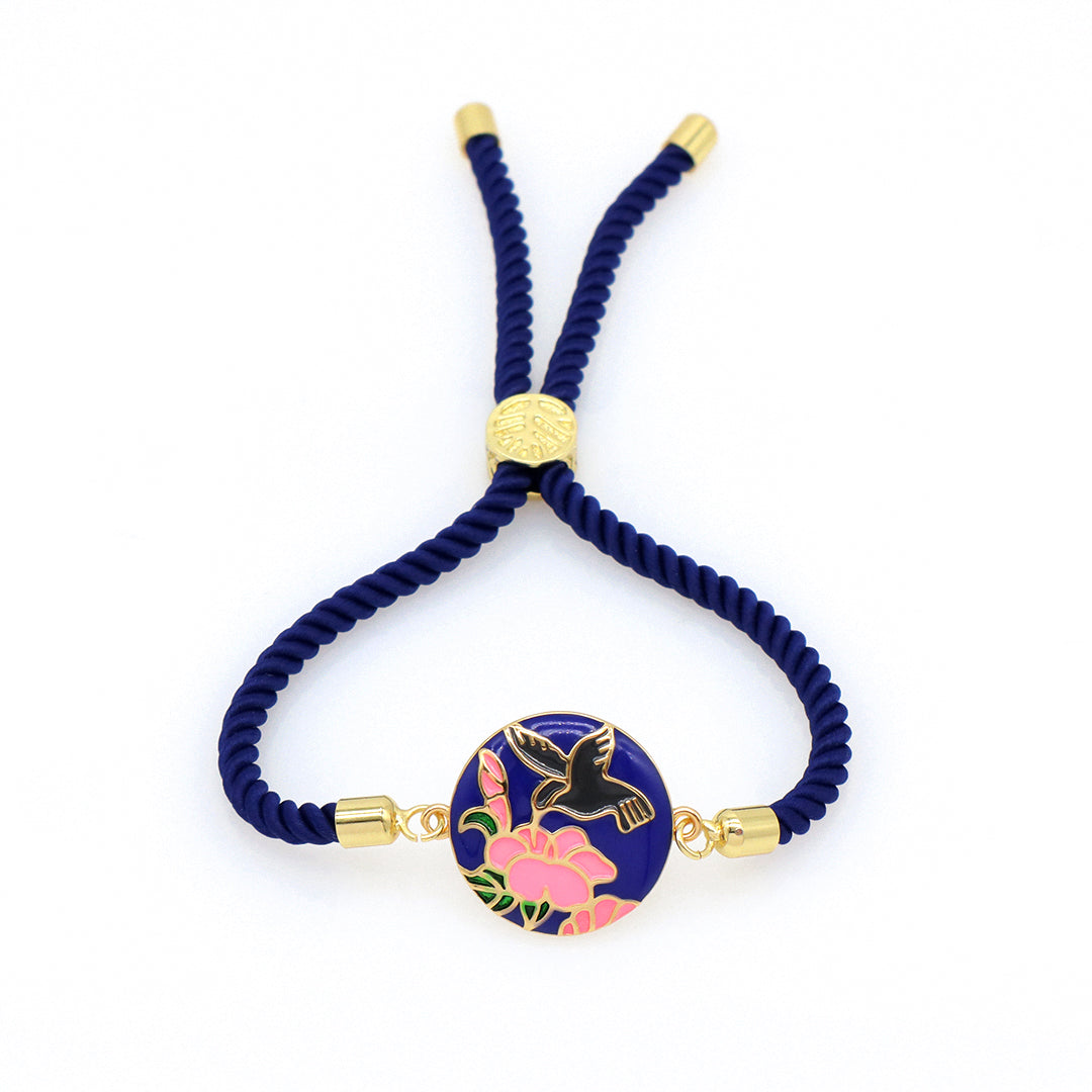 Factory Wholesale Various Women Custom Manufacture Blue Ajustable Rope Gold Plated Flower Bird White Dot Enamel Charm bracelet