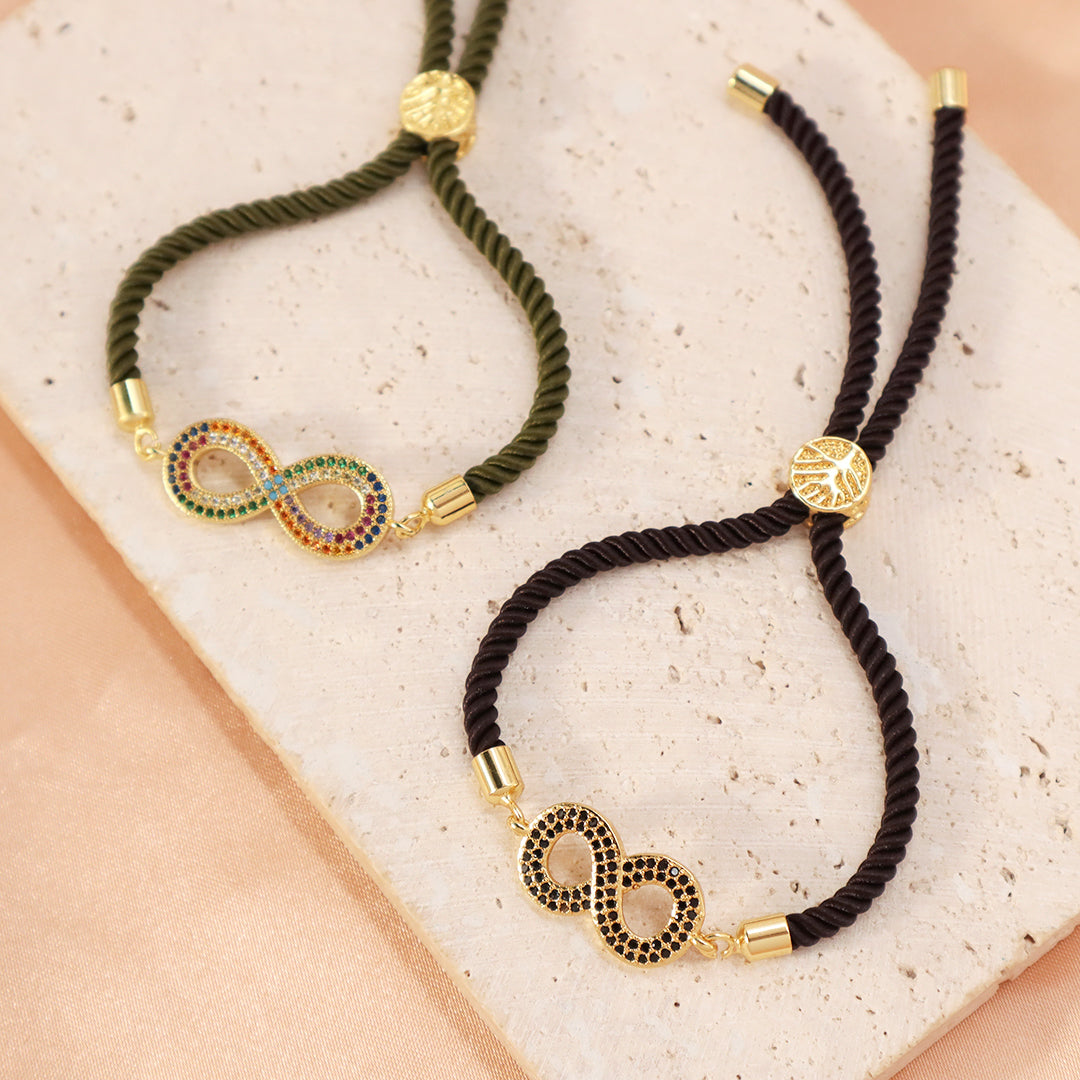 Manufacture China Factory Wholesale Women Custom Ajustable Rope Rainbow CZ Gold Plated letter 8 Infinity Charm Bracelet