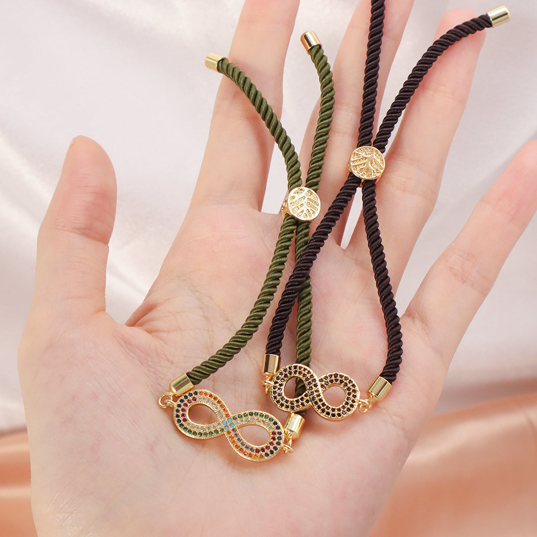 Manufacture China Factory Wholesale Women Custom Ajustable Rope Rainbow CZ Gold Plated letter 8 Infinity Charm Bracelet