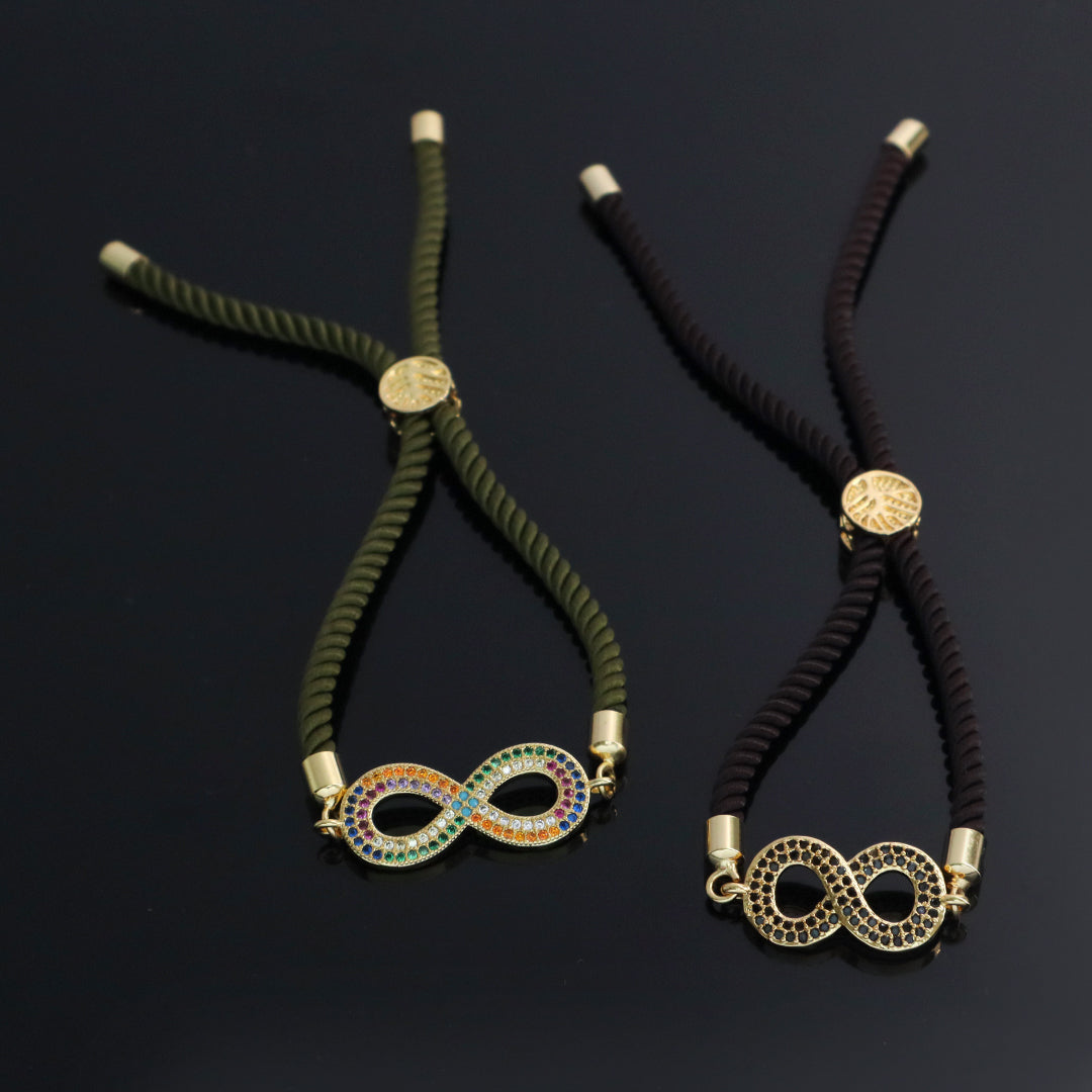Manufacture China Factory Wholesale Women Custom Ajustable Rope Rainbow CZ Gold Plated letter 8 Infinity Charm Bracelet