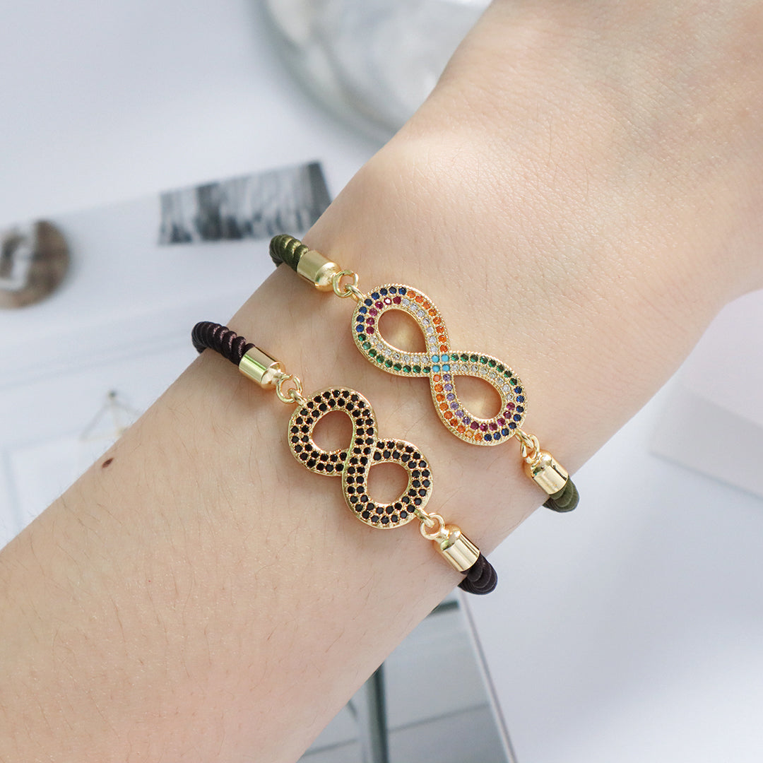Manufacture China Factory Wholesale Women Custom Ajustable Rope Rainbow CZ Gold Plated letter 8 Infinity Charm Bracelet