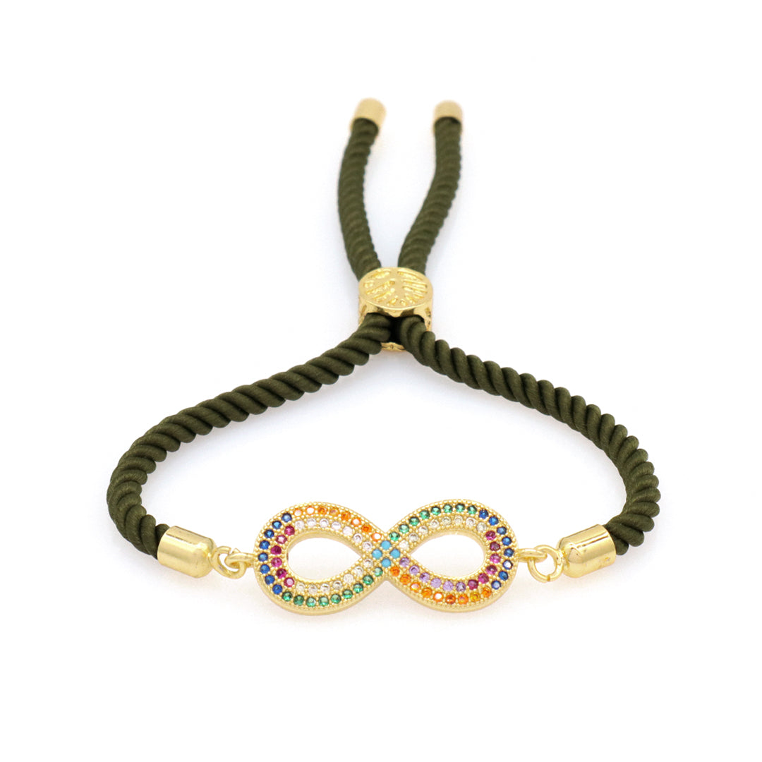 Manufacture China Factory Wholesale Women Custom Ajustable Rope Rainbow CZ Gold Plated letter 8 Infinity Charm Bracelet