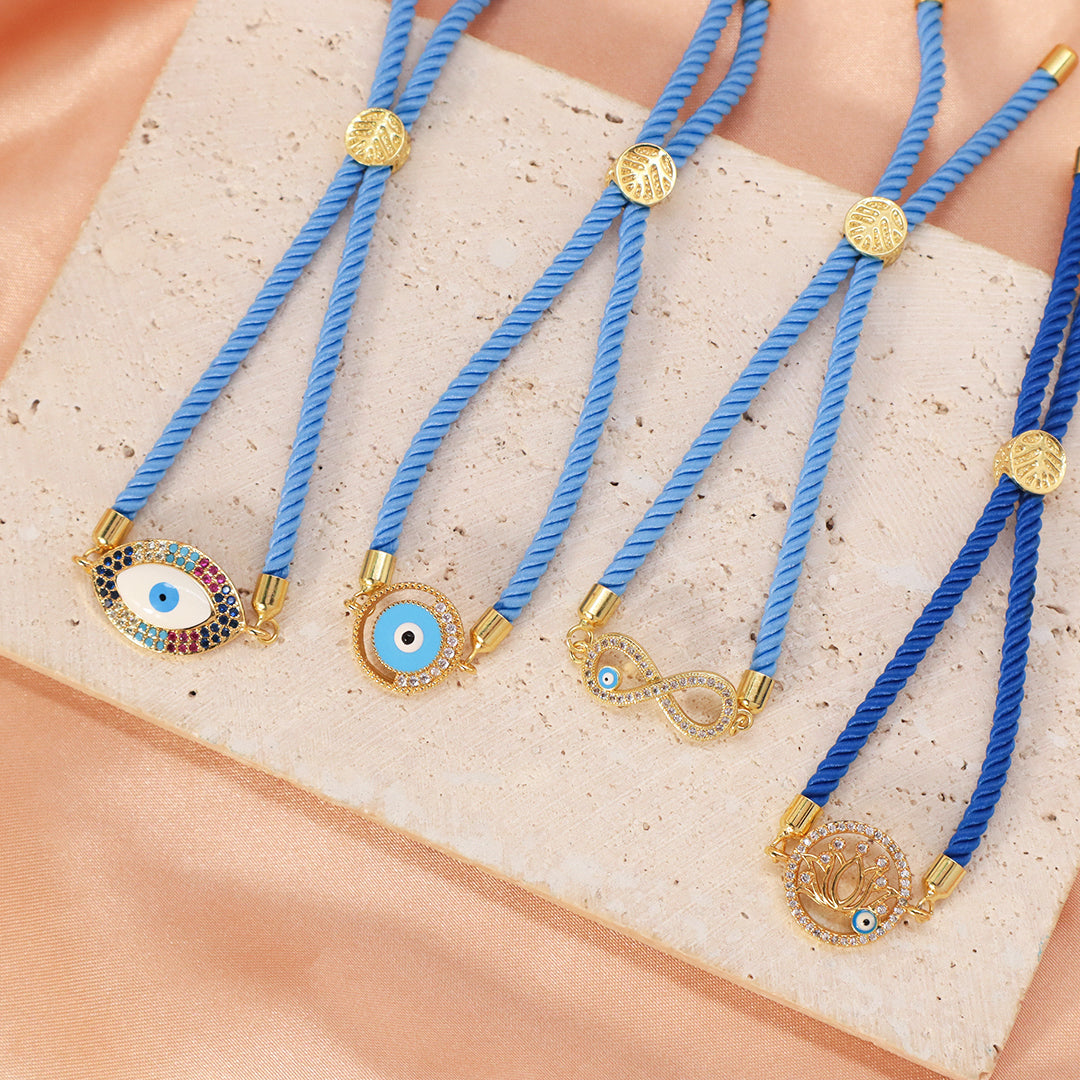 Wholesale Custom Factory Letter 8 Lotus Eyes Rainbow CZ Charm Blue Ajustable Rope Gold Plated Enamel Turkish evil eyes bracelet