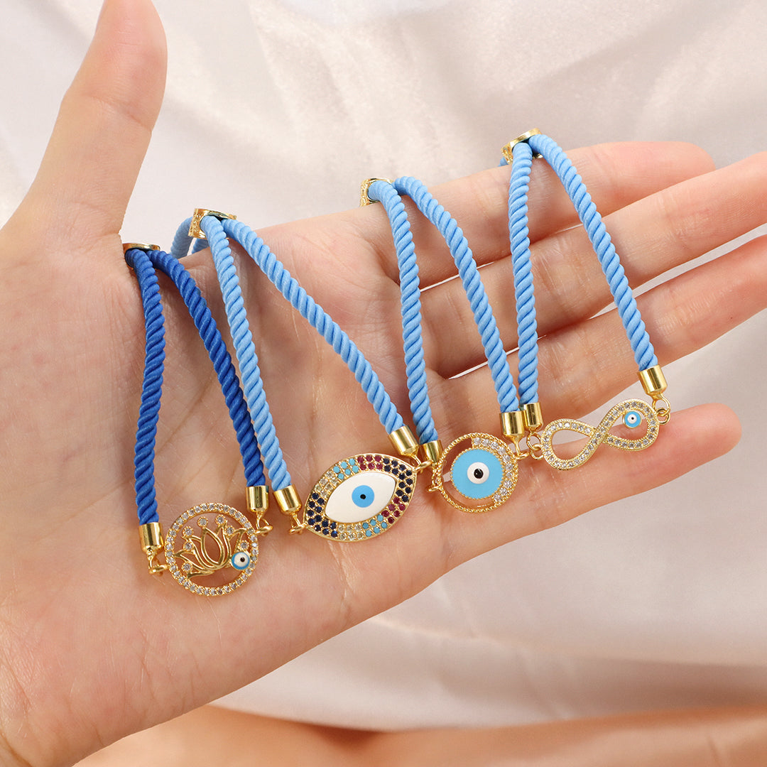 Wholesale Custom Factory Letter 8 Lotus Eyes Rainbow CZ Charm Blue Ajustable Rope Gold Plated Enamel Turkish evil eyes bracelet