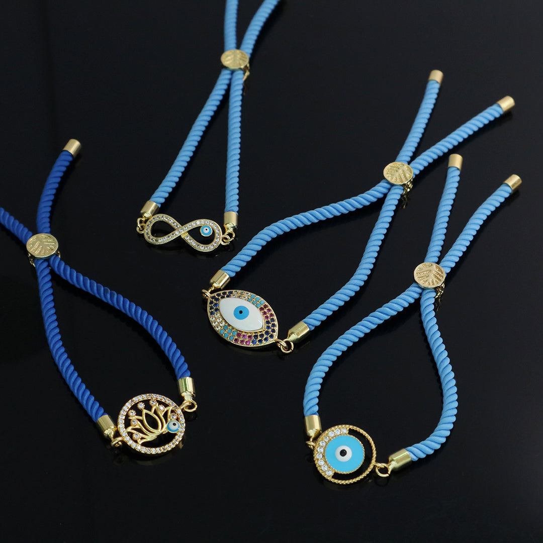 Wholesale Custom Factory Letter 8 Lotus Eyes Rainbow CZ Charm Blue Ajustable Rope Gold Plated Enamel Turkish evil eyes bracelet