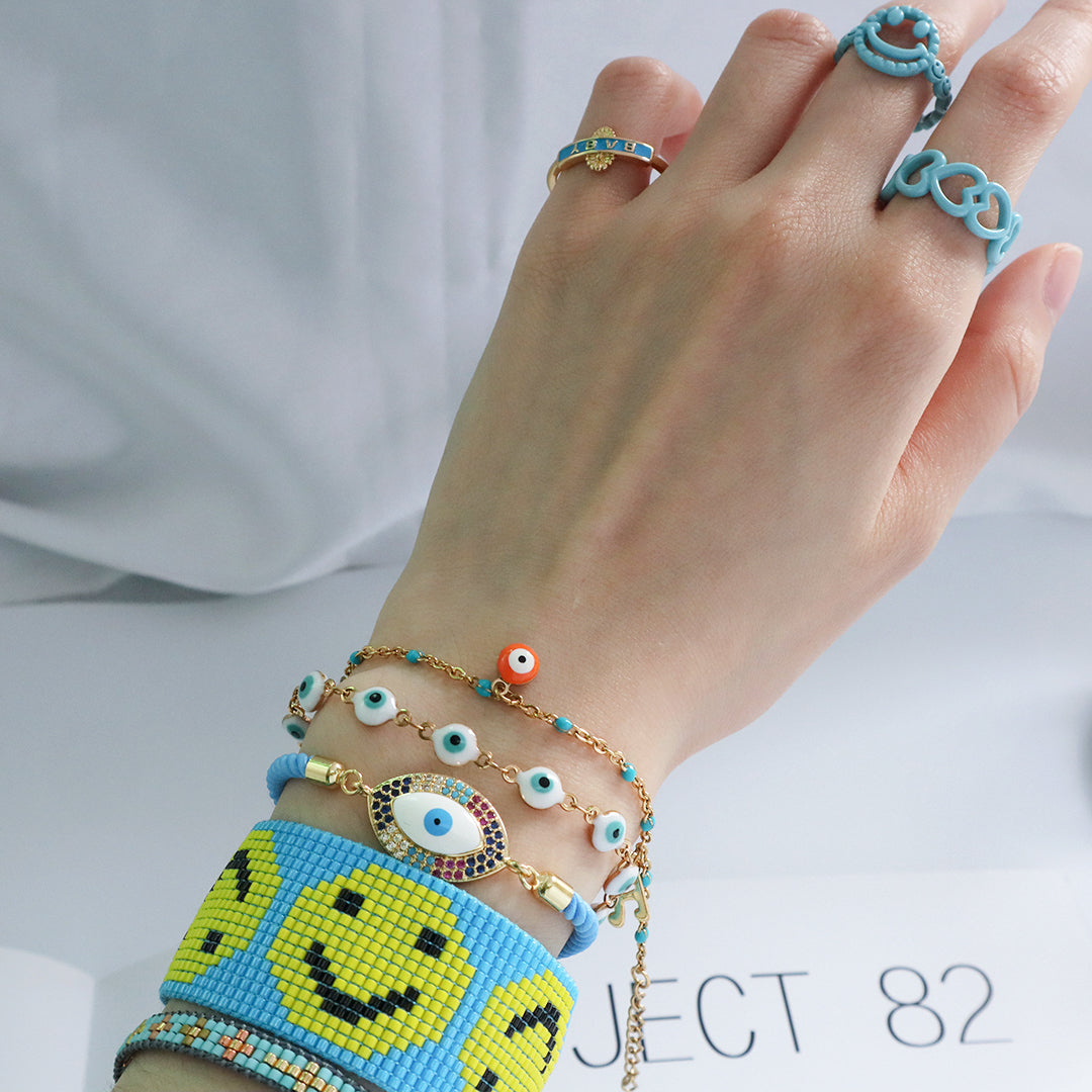 Wholesale Custom Factory Letter 8 Lotus Eyes Rainbow CZ Charm Blue Ajustable Rope Gold Plated Enamel Turkish evil eyes bracelet