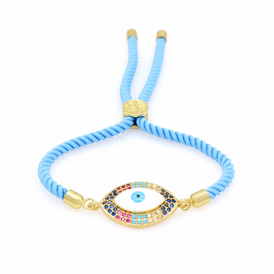 Wholesale Custom Factory Letter 8 Lotus Eyes Rainbow CZ Charm Blue Ajustable Rope Gold Plated Enamel Turkish evil eyes bracelet