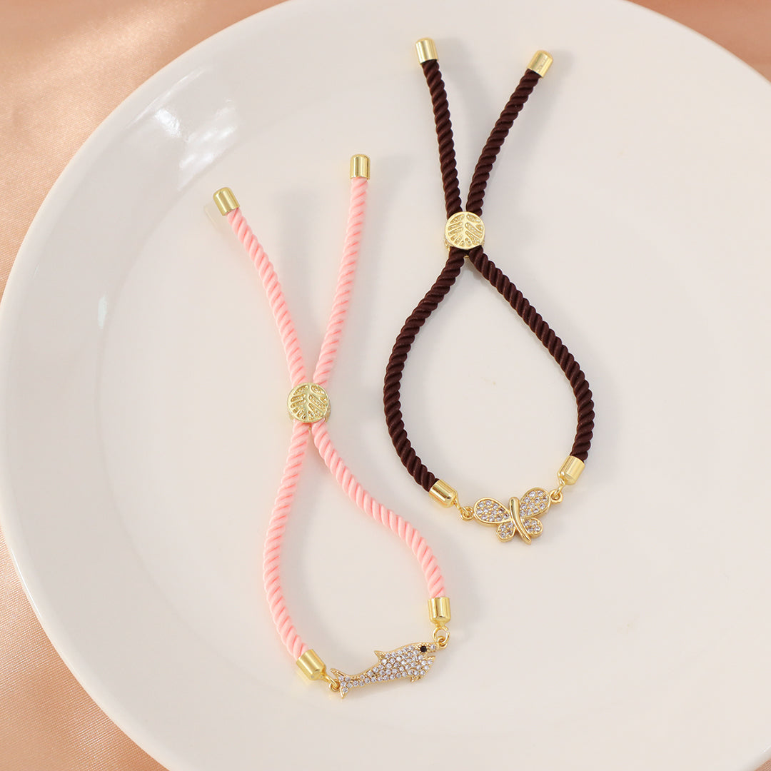 Manufacture OEM Factory Wholesale Custom Pink Ajustable Rope CZ Gold Plated Shark Butterfly Charm Bracelet for women Girl