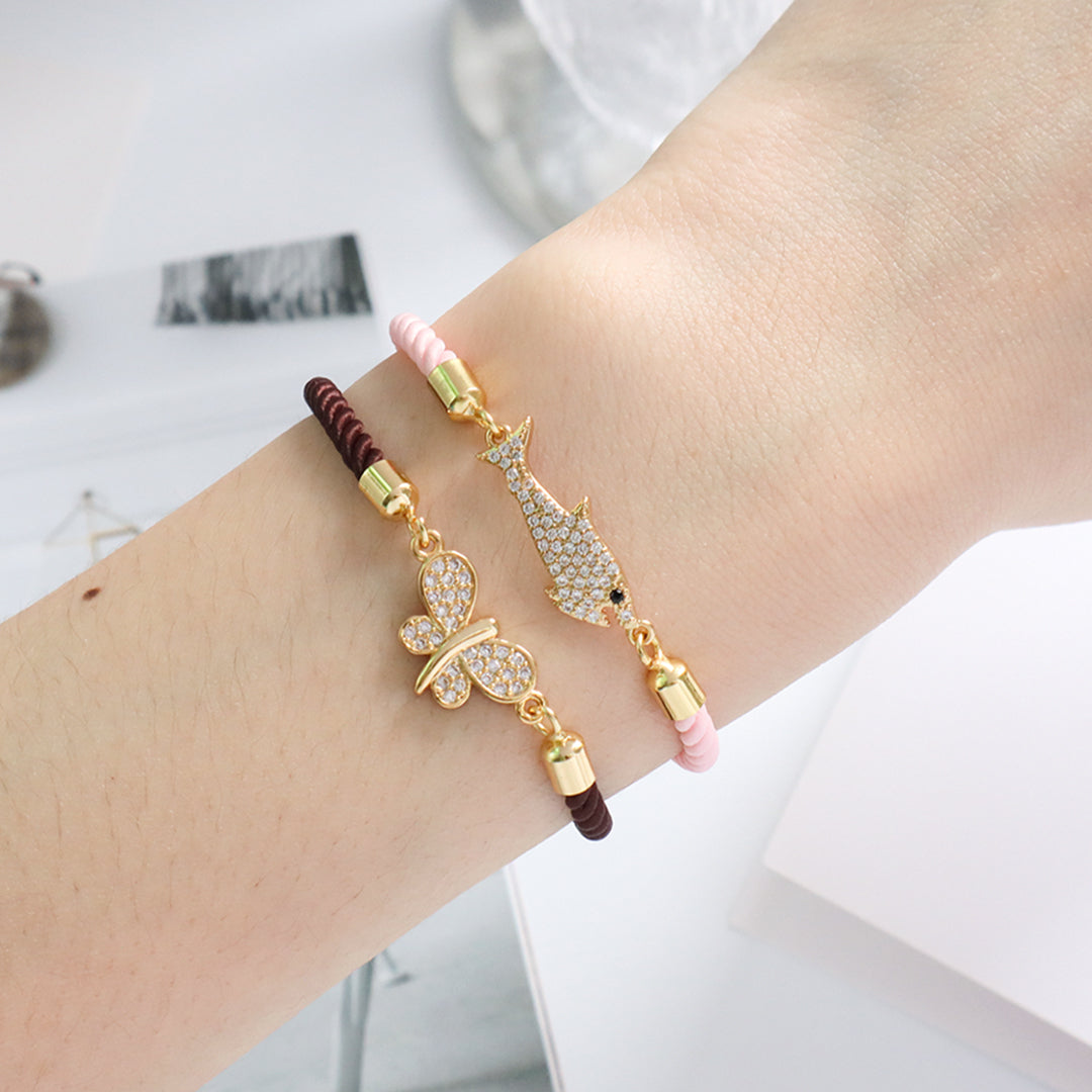 Manufacture OEM Factory Wholesale Custom Pink Ajustable Rope CZ Gold Plated Shark Butterfly Charm Bracelet for women Girl