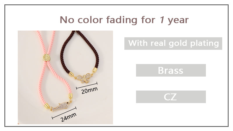 Manufacture OEM Factory Wholesale Custom Pink Ajustable Rope CZ Gold Plated Shark Butterfly Charm Bracelet for women Girl