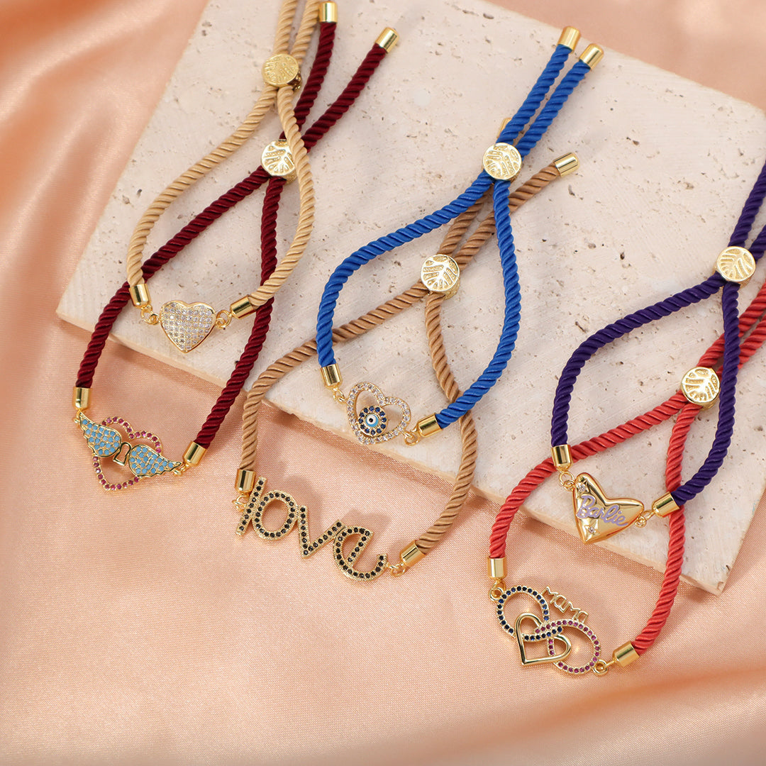 Wholesale Factory Customized OEM Women Ajustable Rope Angel Wings evil eyes Heart Shape Charm Gold Plated CZ Love Heart Bracelet